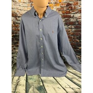 Ralph Lauren Mens Gingham Button Down Shirt Navy Blue White 18 36/37 Cotton